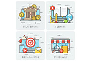 Online banking. E-learning. Digital marketing. Store online. Vec