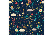Floral pattern with flowers, leaves and clouds
