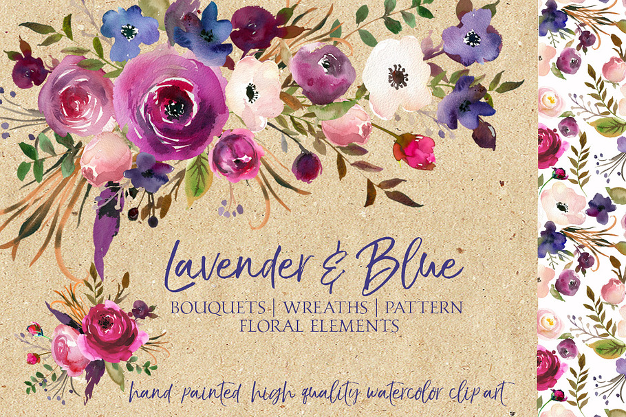 Lavender & Blue Watercolor Flowers