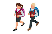 Isometric boy and girl back to school concept. Children go to school with their back packs and in school uniforms. Education. Happy to study. Vector illustration used for workflow layout, banner, game