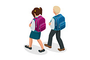 Isometric boy and girl back to school concept. Children go to school with their back packs and in school uniforms. Education. Happy to study Vector illustration used for workflow layout, banner, game