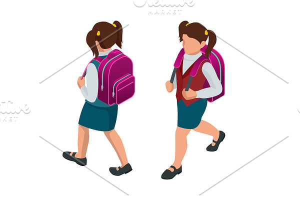 Isometric girl back to school concept. A student in school uniform goes to school with a backpack. Education. Happy to study. Vector illustration used for workflow layout, banner, game