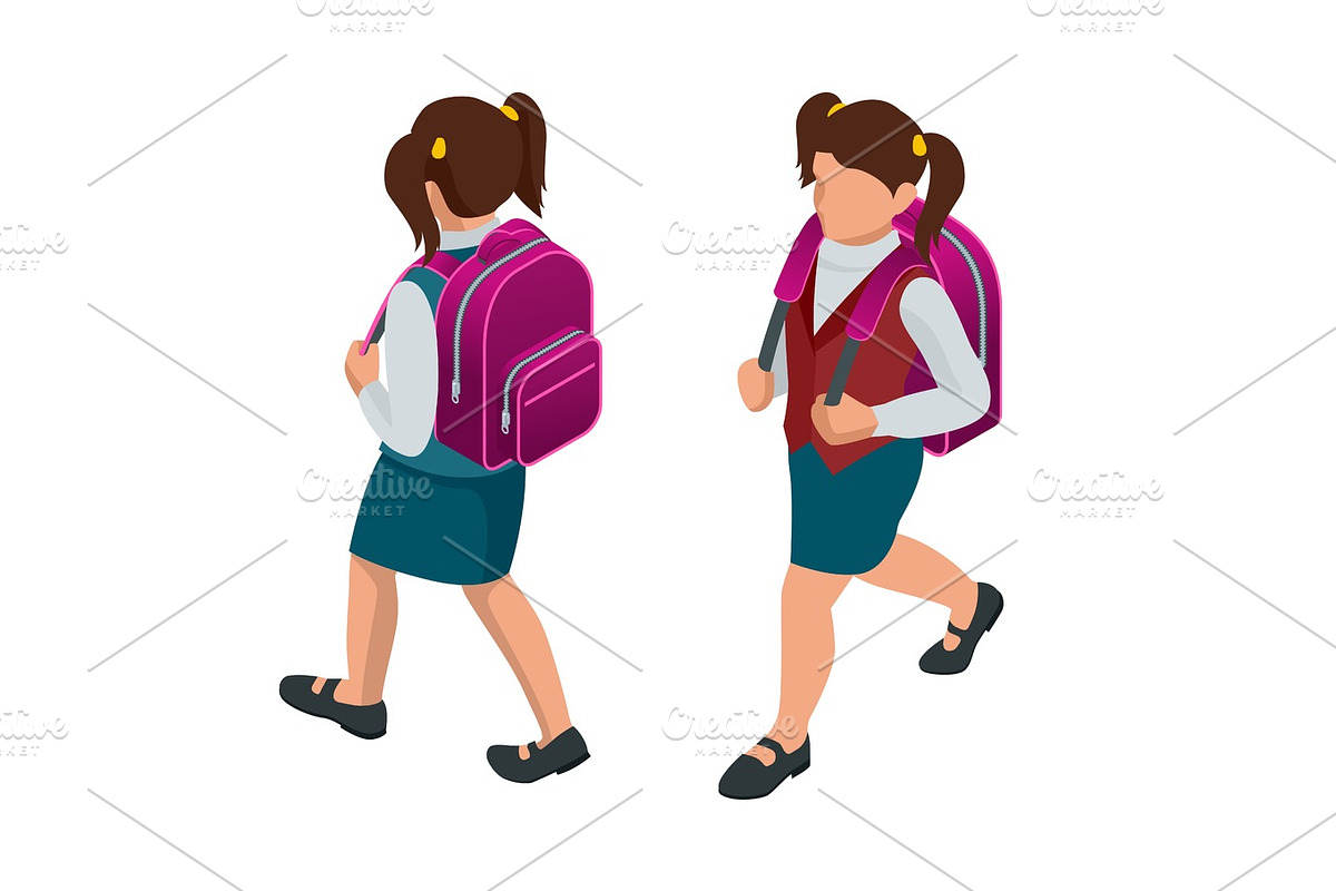 Isometric girl back to school concept. A student in school uniform goes to school with a backpack. Education. Happy to study. Vector illustration used for workflow layout, banner, game in Illustrations - product preview 8