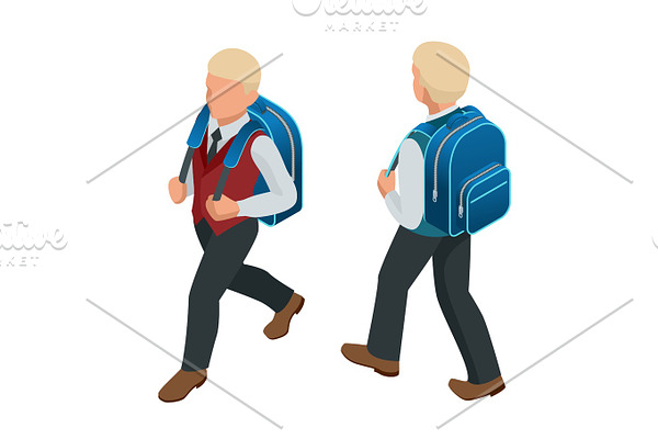 Isometric boy back to school concept. A student in school uniform goes to school with a backpack Education. Happy to study. Vector illustration used for workflow layout, banner, game