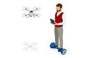 Isometric man with drone quadrocopter, Remote aerial drone with a camera taking photography or video recording. game sevremennaya, isometrics businessman on a Gyroscooter. Vector illustration