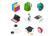 Isometric Educational Concept. Open book of knowledge, back to school, different educational supplies Can be used for workflow layout, banner, diagram, number options, web design and infographics.