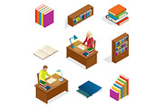 Isometric Educational Concept. Library elements Bookcase, bookshelf. The man is reading a book at the table. Used for workflow layout, banner, diagram, number options, web design and infographics.
