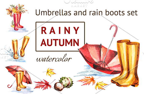 Rainy autumn. Umbrellas, rain boots