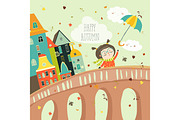 Girl with umbrella in a bad weather comes in the autumn city