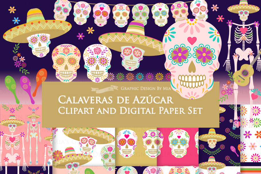 Sugar Skull Clipart+Pattern set in Illustrations - product preview 8