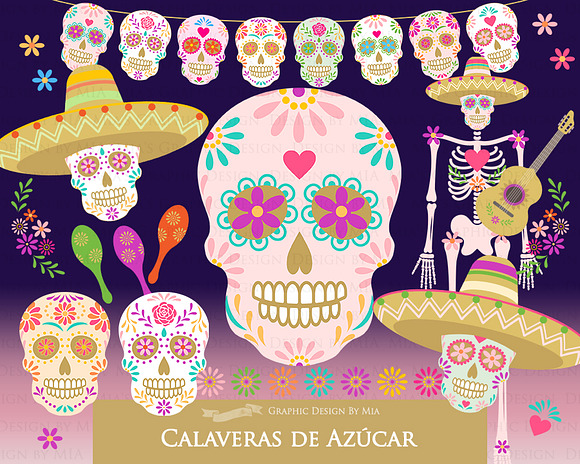 Sugar Skull Clipart+Pattern set in Illustrations - product preview 1