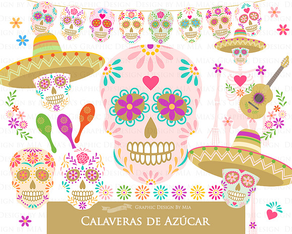 Sugar Skull Clipart+Pattern set in Illustrations - product preview 2