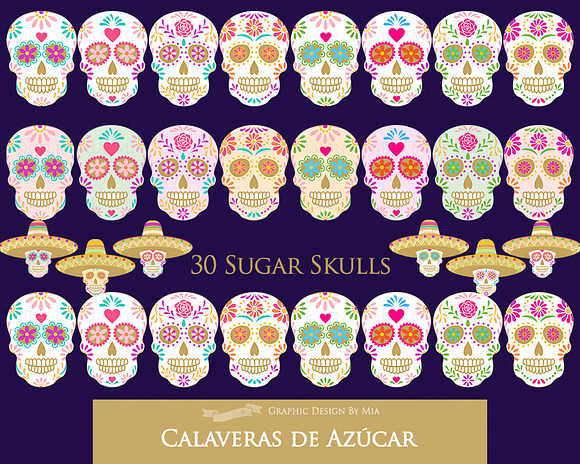 Sugar Skull Clipart+Pattern set in Illustrations - product preview 3