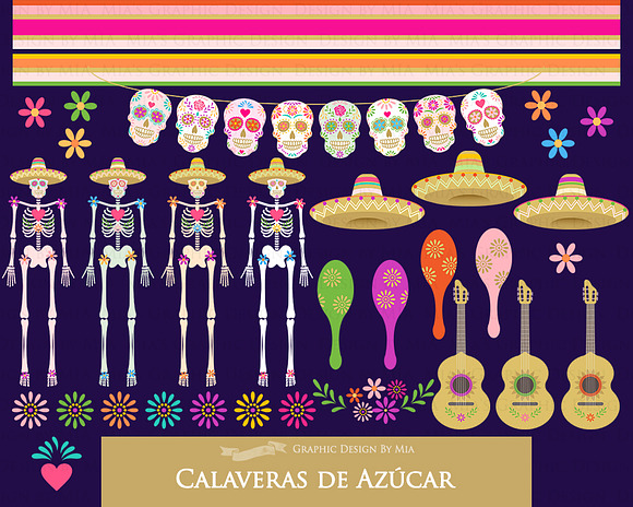 Sugar Skull Clipart+Pattern set in Illustrations - product preview 4