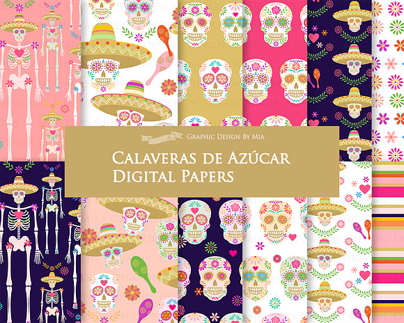 Sugar Skull Clipart+Pattern set in Illustrations - product preview 6