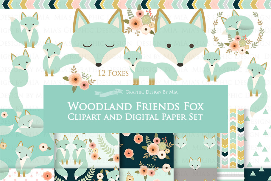 Mint Fox Clipart+Pattern