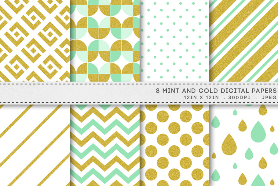 Mint And Gold Patterns Digital Paper in Patterns - product preview 8