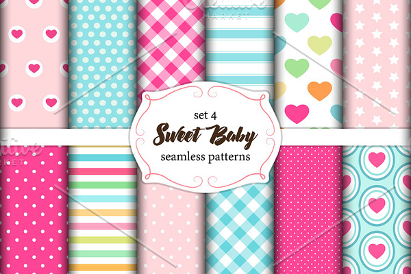 Cute set of scandinavian Sweet Baby seamless patterns with fabric textures