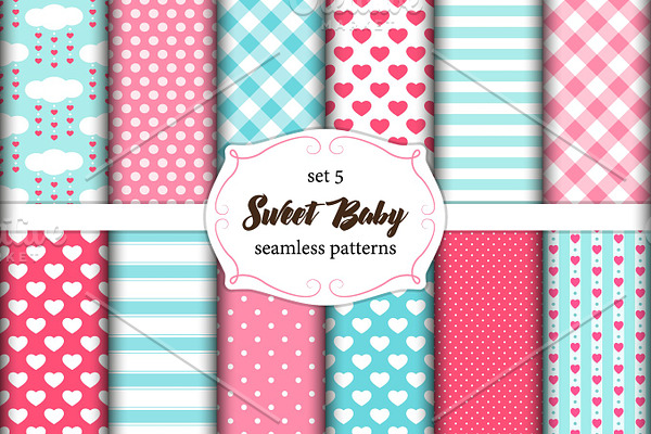 Cute set of scandinavian Sweet Baby seamless patterns with fabric textures