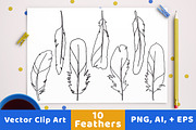 10 Feathers Clipart, Line Drawings