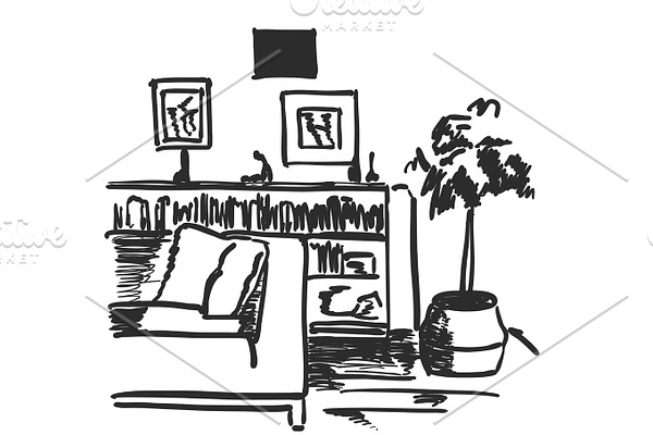 Modern interior room sketch. Hand drawn sofa.
