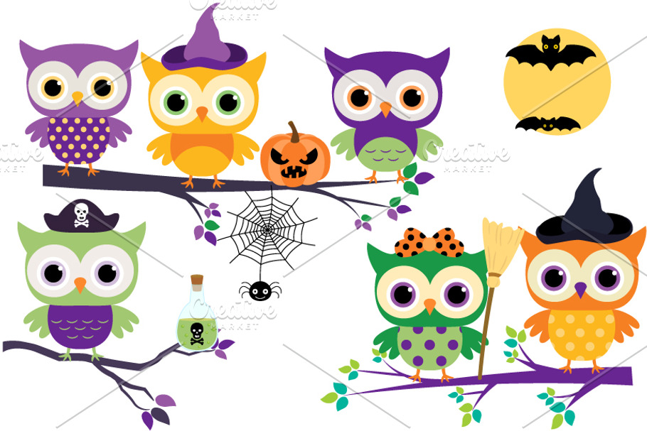 Cute Halloween owls clip art set