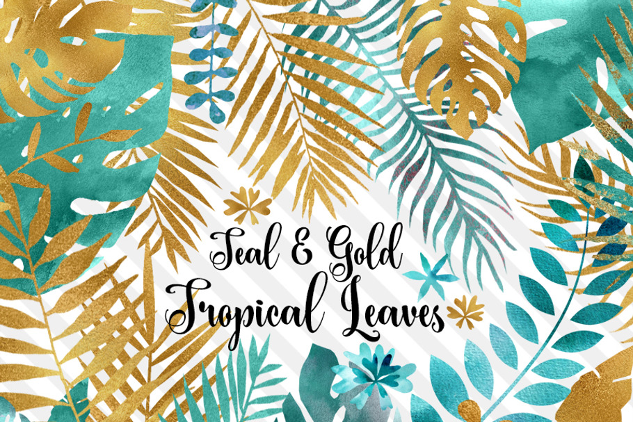 Teal and Gold Tropical Leaves