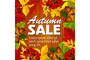 Autumn vector sale poster leaf, rowan berry acorn