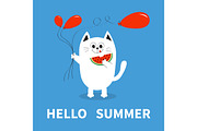 Hello summer. White cat red balloon