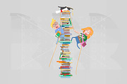 Students climbing mountain of books