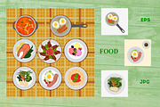 Set of various plates of food