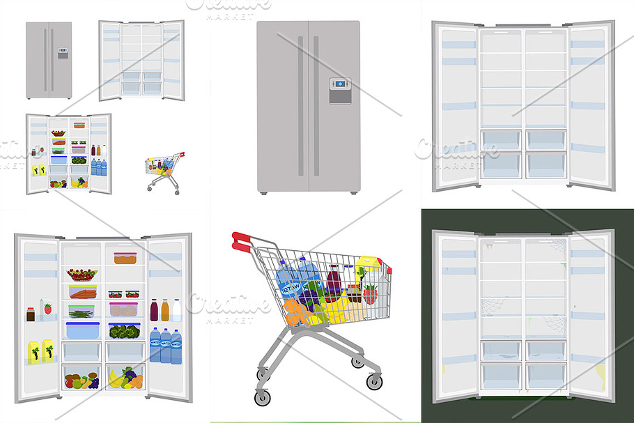 Open and closed fridge with food in Illustrations - product preview 8