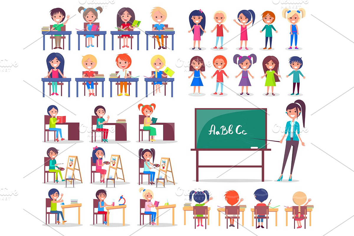 Isolated Students Sitting at Desks and Teacher in Illustrations - product preview 8