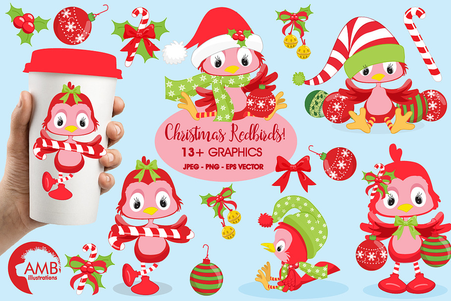 Christmas Redbirds Clipart AMB-193 in Illustrations - product preview 8