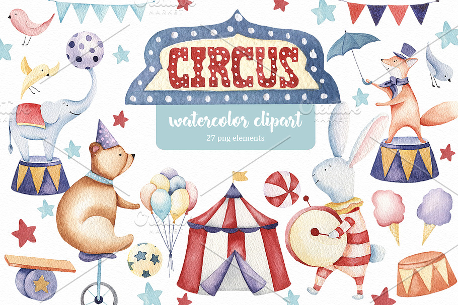 Circus animals watercolor clipart