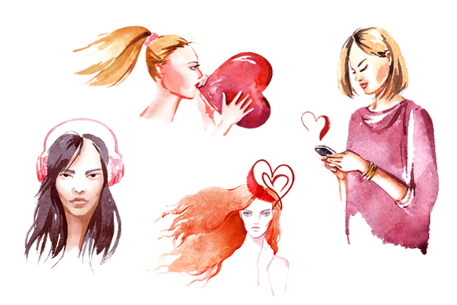 Valentine's girls in love watercolor in Illustrations - product preview 8