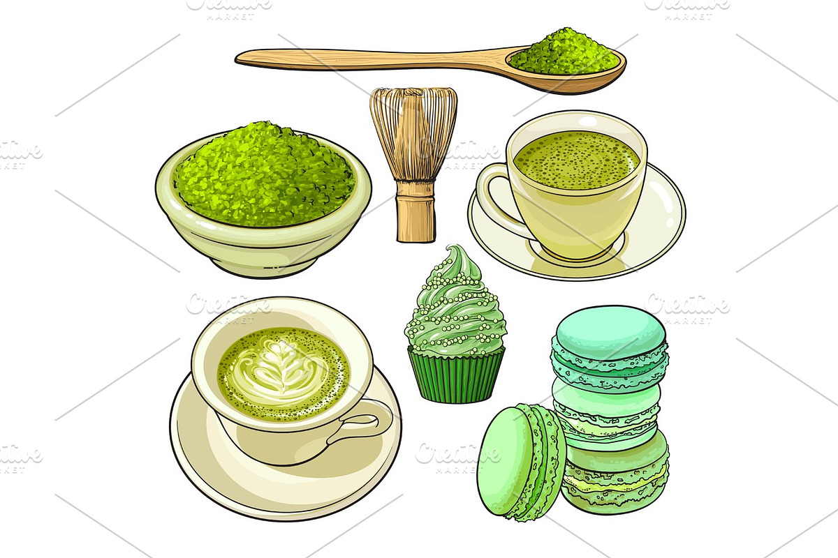 Big set of matcha green tea, food and accessories in Illustrations - product preview 8