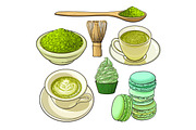 Big set of matcha green tea, food and accessories