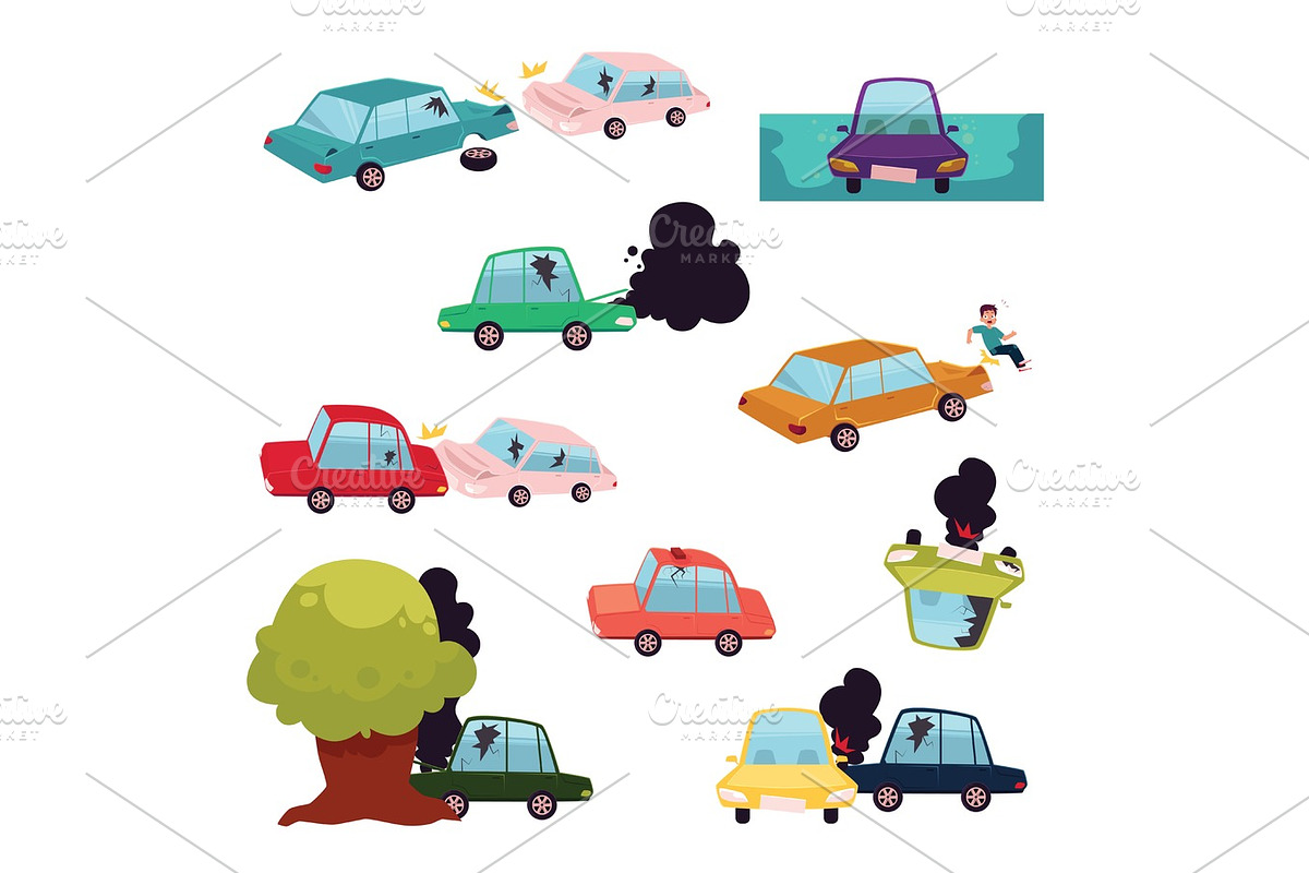 Car crash, road accident, vehicle collision set in Illustrations - product preview 8