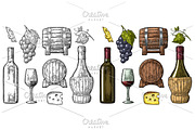 Wine set. Bottle, glass, barrel, cheese, bunch of grapes