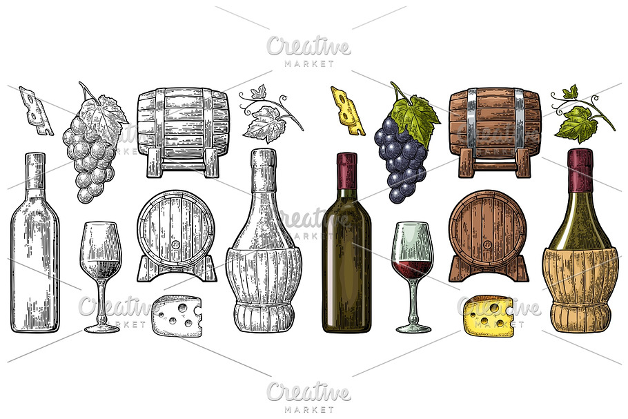 Wine set. Bottle, glass, barrel, cheese, bunch of grapes in Textures - product preview 8