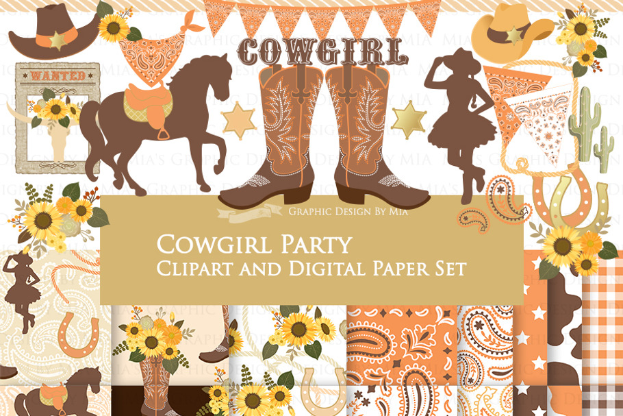 Cowgirl Sunflower Clipart+Pattern in Illustrations - product preview 8
