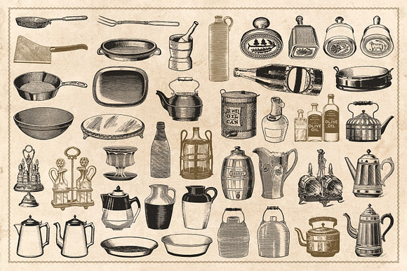 152 Vintage Kitchenware & Food in Illustrations - product preview 1