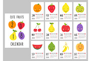 Cute 2018 calendar pages with smiling fruit characters and retro hand written thin font