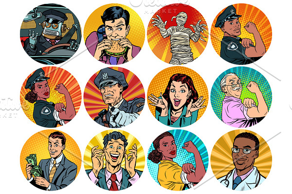 set pop art round icons characters avatar