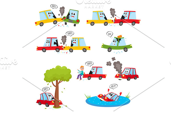 Funny car characters - accident, crash, collision