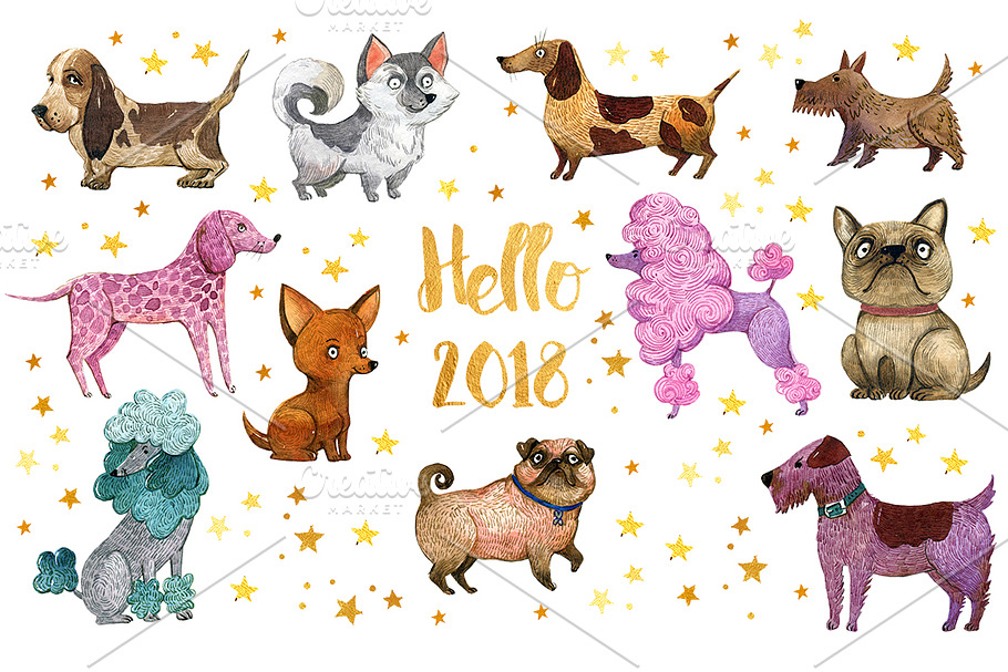 Watercolor funny dog collection.2018