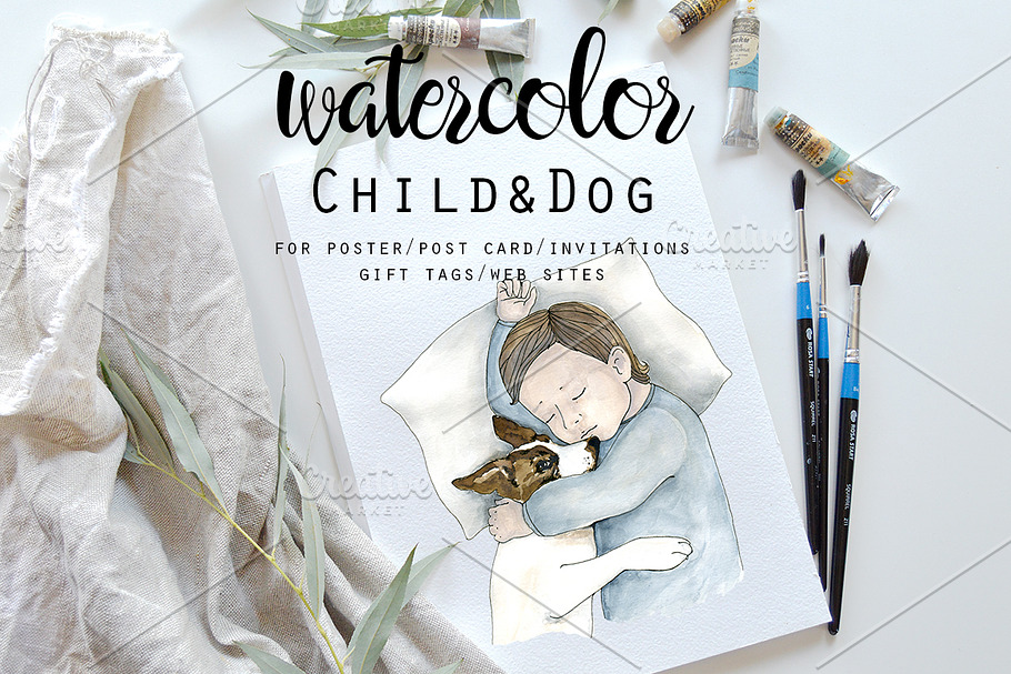 Watercolor Child & Dog in Illustrations - product preview 8