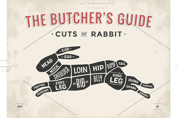 Cut of meat set. Poster Butcher diagram, scheme - Rabbit