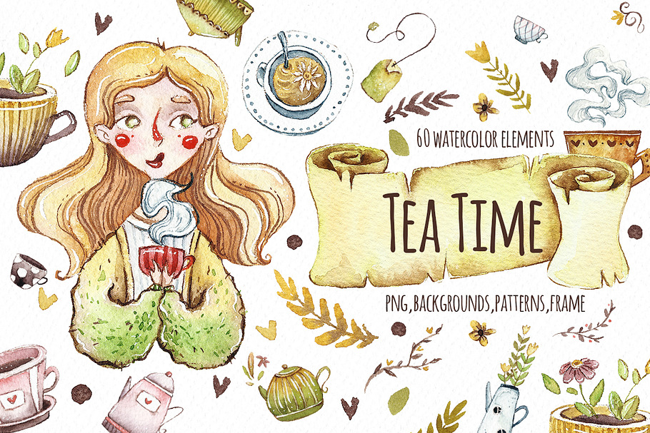 Watercolor images. Tea time